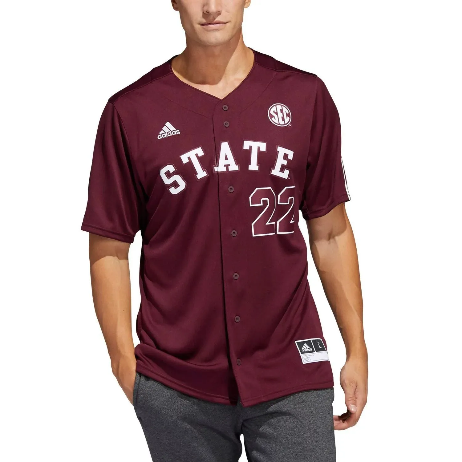 adidas Men's No. 22 Maroon Mississippi State Bulldogs Button Down Baseball T-Shirt