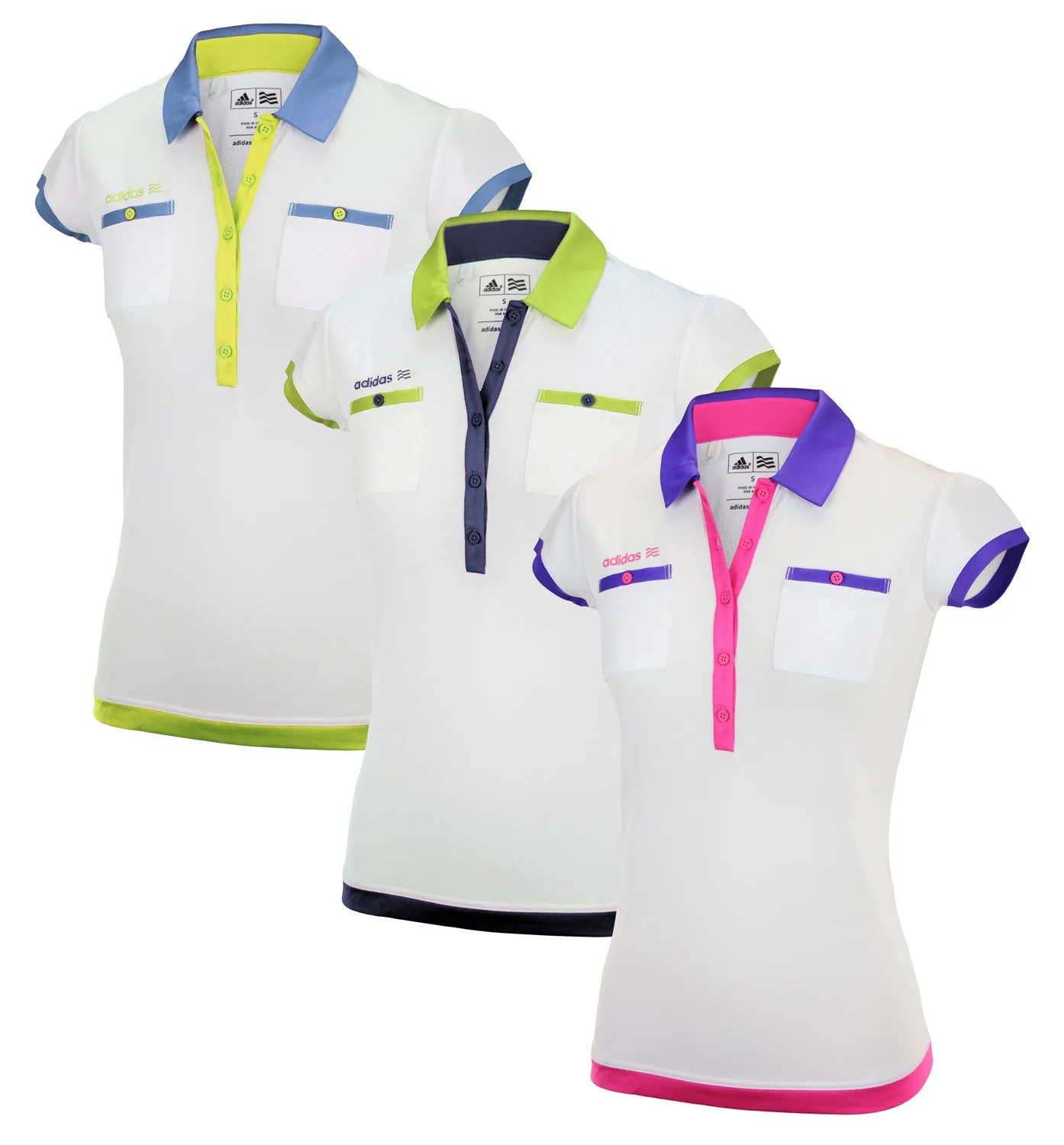 Adidas Womens FP Short Sleeve White Based Golf Pocket Polo Polos Shirts