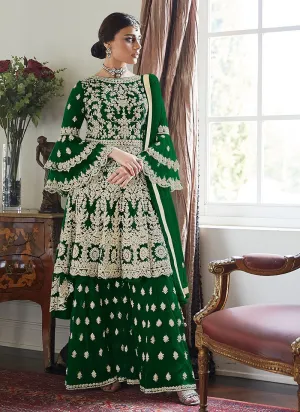 Adorable Green Trendy Bell Sleeved Embroidered Sharara