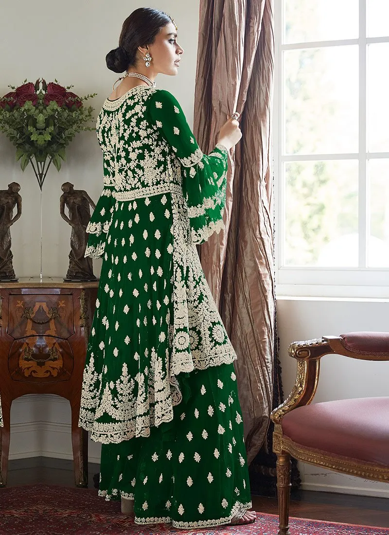 Adorable Green Trendy Bell Sleeved Embroidered Sharara