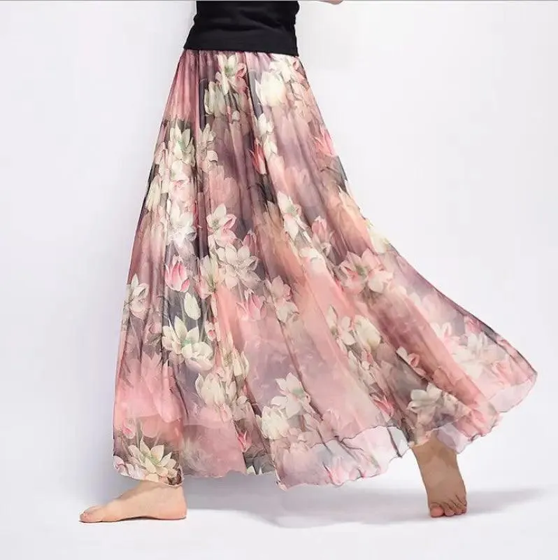 Bohemian Printed Chiffon Mid-length Skirt, Floral Skirt, A-line Skirt, Large Swing Female Skirt, Beach Long Skirt