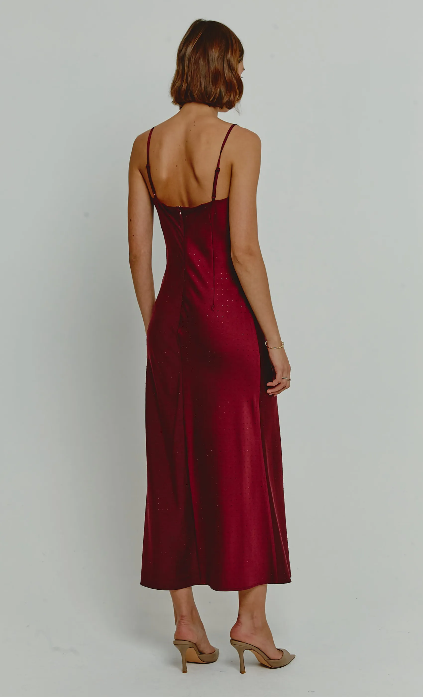 Burgundy Diamante Satin Slip Dress