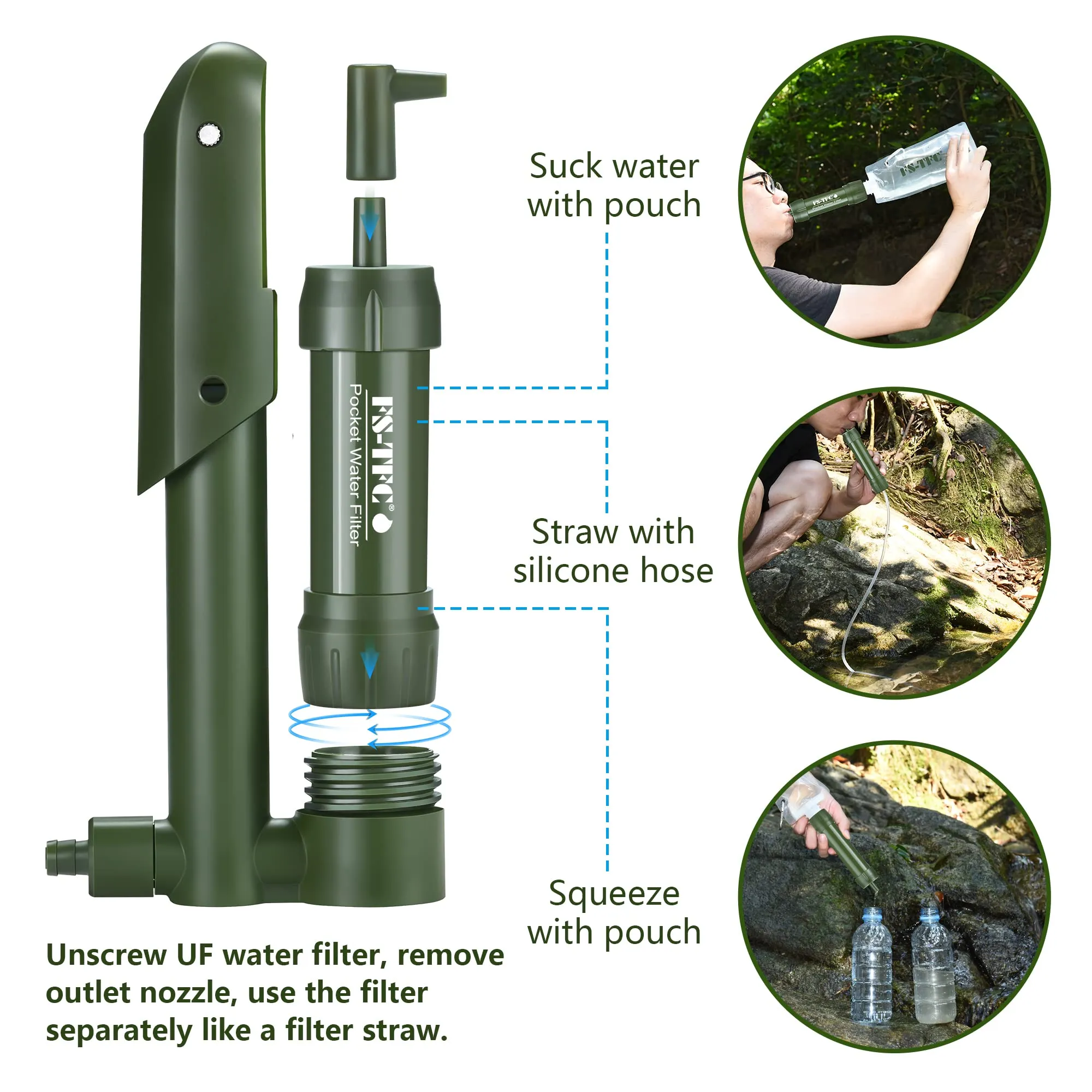 FS-TFC Pocket Water Filter Survival 0.01 Micron Water Purifier Emergency Survival Gear for Drinking Backpacking Hiking Camping Outdoor Filtration