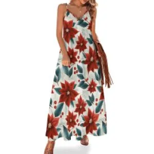 Red Poinsettia Spaghetti Strap Ankle-Length Dress Long dress